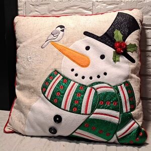 Snowman Throw Pillow With Embroidery and Applique Features
